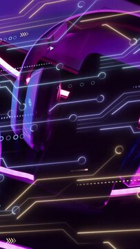 Vertical video: Glossy headset reacting to neon pulse tracing circuits and showcasing glossy finish