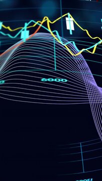 Vertical video: On data pulse, 3D wave mesh shifting, traces swaying, candles rising to map trends