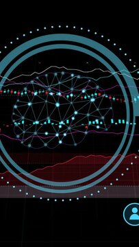 Vertical video: Ring fading, neural brain scattering, reforming while charts sliding to show trades