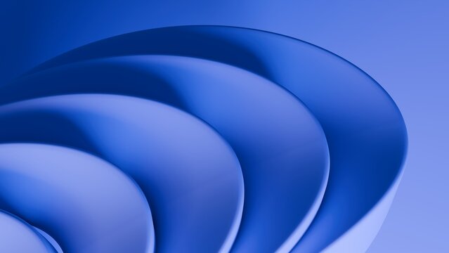 Abstract wavy curved 3d render. Blue layers of plastic with lines, folds, ruffles. Modern wallpaper, texture pattern.