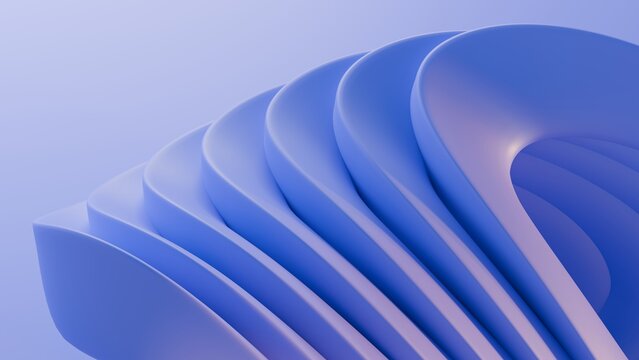 Abstract wavy curved 3d render. Blue layers of plastic with lines, folds, ruffles. Modern wallpaper, texture pattern.