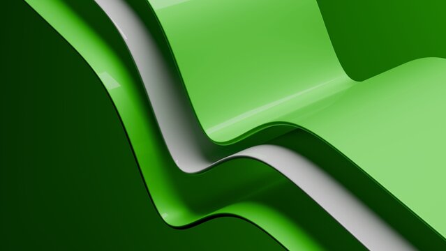Abstract wavy curved 3d render. Green and white layers of plastic with lines, folds, ruffles. Modern wallpaper, texture pattern.