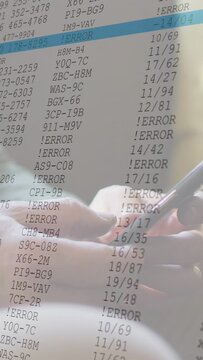 Vertical video: Man tapping phone with pen, overlaying scrolling error list, blue row for debugging