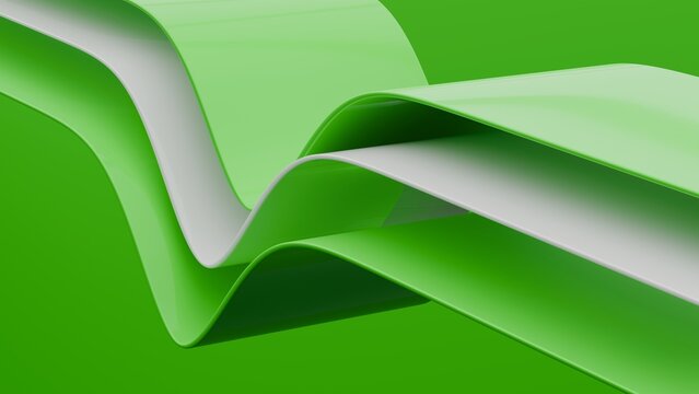 Abstract wavy curved 3d render. Green and white layers of plastic with lines, folds, ruffles. Modern wallpaper, texture pattern.
