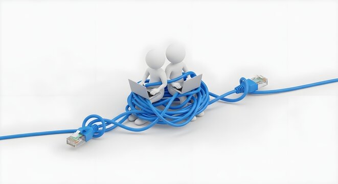 Characters working inside a tangle of network cables