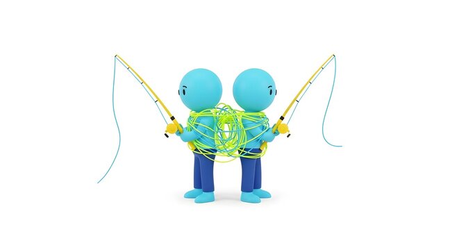 Two blue characters entangled in messy fishing lines