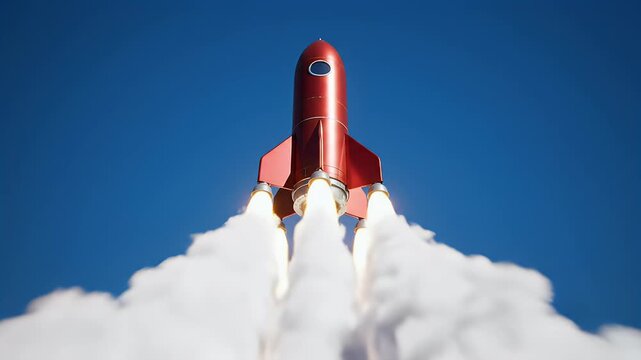 Dynamic red rocket launching into clear blue sky with white clouds during daytime with powerful thrust and motion upward in a space exploration scene