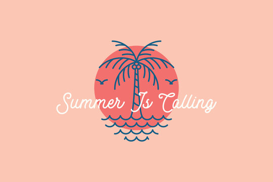 Summer is calling retro line art logo design template with palm tree sun and sea waves badge for corporate branding apparel business