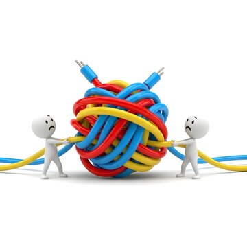 Characters pulling on a tangled mess of colorful electrical cables