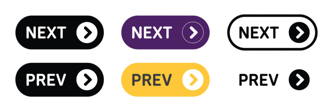 Previous and next navigation button vector set featuring web arrows and modern user interface symbols.