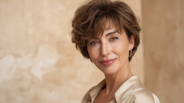 Rounded Brown Bixie Haircut on Sandstone Background