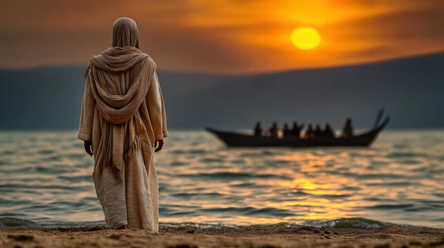 The resurrected Jesus Christ appearing to His disciples on the shore as they fish, standing on the beach and watching the boat, serene and joyful biblical scene