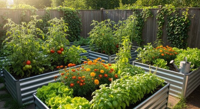A vibrant garden filled with a variety of plants and flowers, with a wooden fence and a wooden deck in the background.