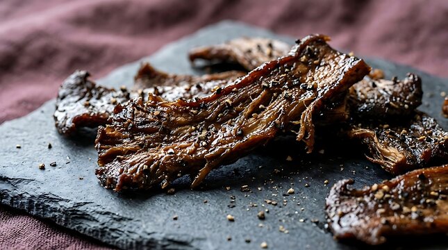 Savory Mushroom Jerky from King Oyster Mushrooms with Tamari Glaze on Stone Slab