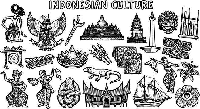 Indonesian Culture Black and White Line Art Hand-drawn Illustration Set. Iconic Symbols, Landmarks, and Traditions from Indonesia in Doodle Style.