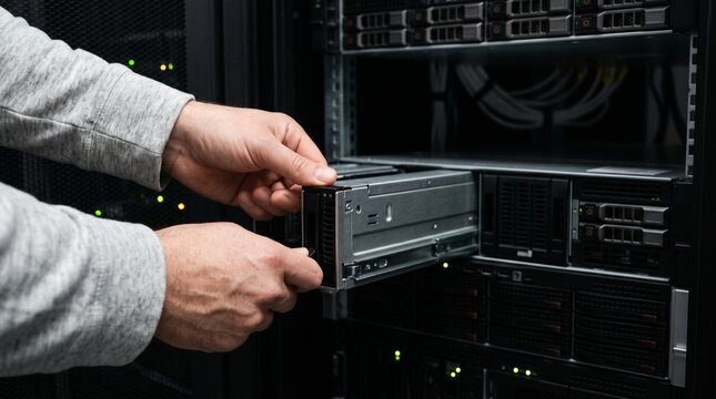 IT technician hands installing server blade module in a data center rack.