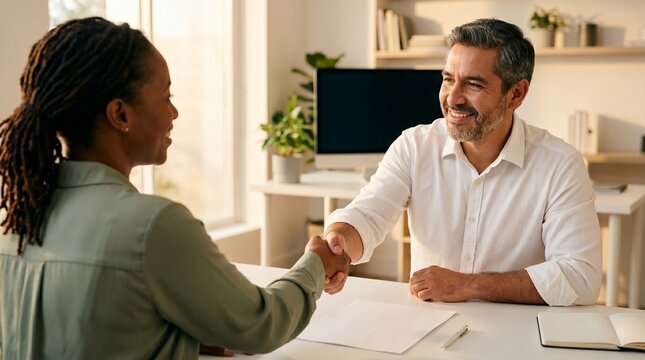 Diverse business colleagues shaking hands in a modern office.