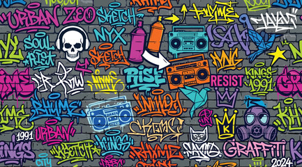 Graffiti wall background with urban street art elements, spray paint tags, boombox, skull, and vibrant colorful patterns on brick texture © S.Siam