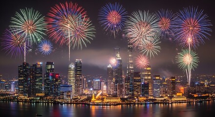 Naklejka premium Stunning Fireworks Display Over Modern City Skyline at Night.