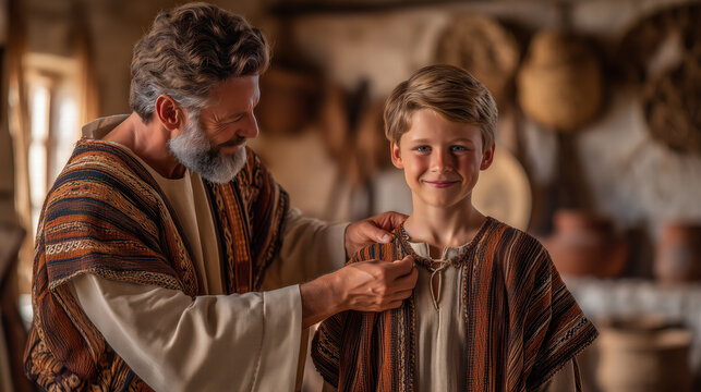 Jacob giving Joseph a new richly colored robe, emotional biblical scene of fatherly love and favor, warm light, symbolic moment foreshadowing jealousy and future events