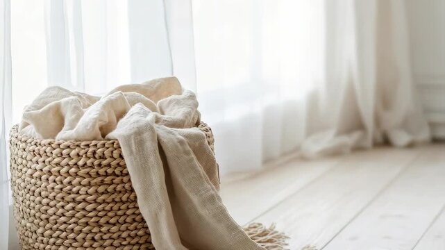 A woven basket holds soft fabric as sunlight shines through the window. The room appears bright and inviting. The fabric gently rests on the basket, creating a cozy look