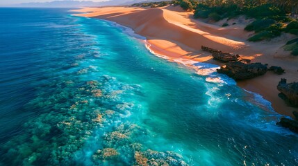 Obraz premium Aerial view of turquoise ocean meeting golden sand dunes in Bazaruto