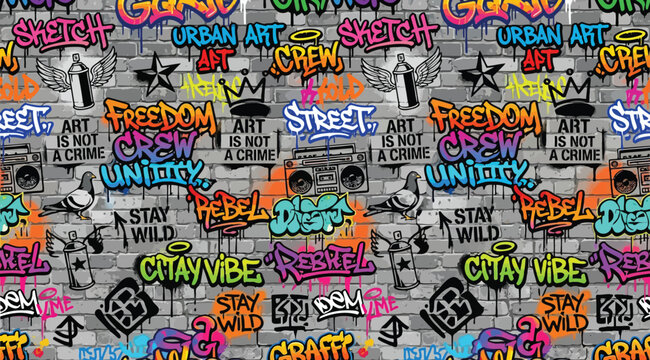 Seamless graffiti pattern with urban street art tags, boombox, pigeon, crown, and spray paint elements on brick wall background