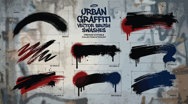 Urban graffiti vector brush swashes and spray paint strokes collection for artistic design elements