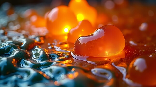 Glowing amber heart shapes floating in a dark liquid environment with light reflections. This romantic concept is perfect for valentines day and emotional health ads.