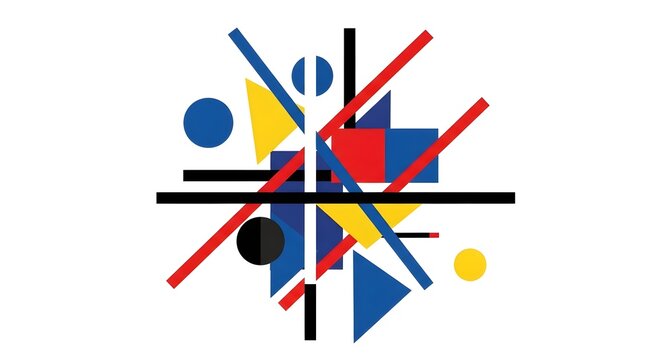 Vibrant abstract geometric composition featuring primary colored shapes and black lines, a modern art design with circles, triangles, and rectangles on a clean white background.