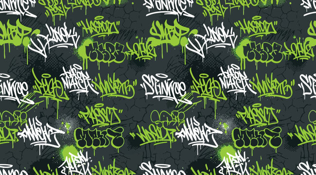 Graffiti seamless pattern with neon green and white tags on dark background