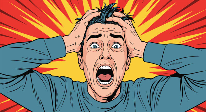 Terrified man screaming loudly with his hands on his head against a dramatic background of red and yellow rays symbolizing an explosion.