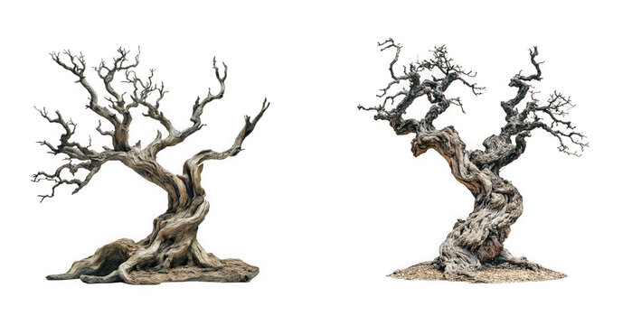 Two twisted gnarled leafless ancient trees isolated on transparent background