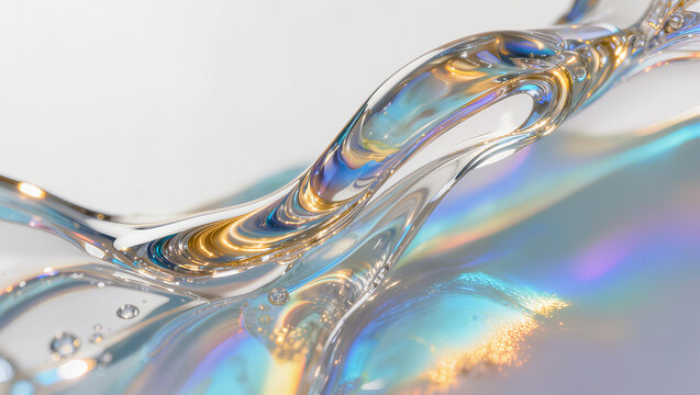 Premium abstract flowing liquid metal visualization with golden silver shimmer and iridescent reflections on cream background, luxury fluid concept, editorial graphic background with copy space