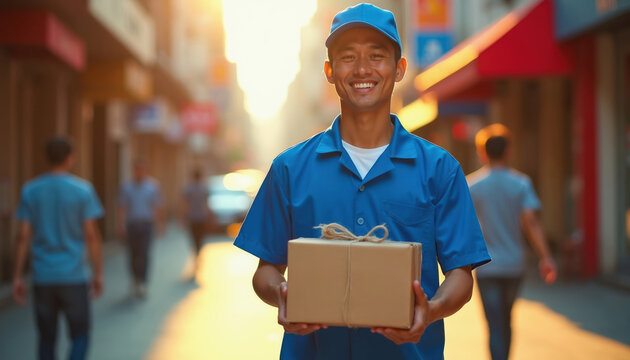 Smiling delivery man in blue uniform holds package on street. Asian guy works in logistics, brings parcel to customer. Happy worker with box on urban background at sunrise.
