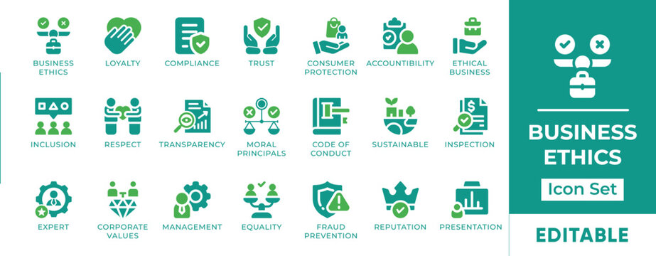Ethics Business Compliance Accountability Transparency Icon Set. Editable vectors for fraud prevention, sustainable equality, and corporate values