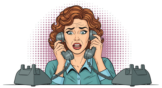 Stressed female office worker with curly brown hair talking on two vintage rotary phones simultaneously with a worried facial expression.
