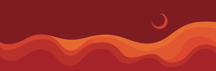 Abstract Wavy Landscape with Crescent Moon in Fiery Red and Orange Hues vector © Emon