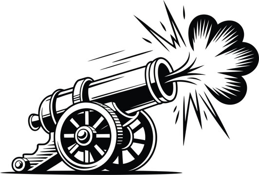 Black and white illustration of a vintage cannon firing with smoke and sparks erupting from the barrel explosion artillery illustration shooting rebellion