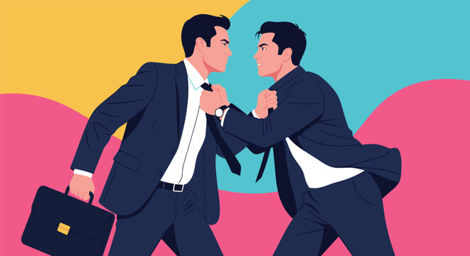 Two angry businessmen in suits grabbing each other's ties and shirts in a heated argument or physical fight at the office.