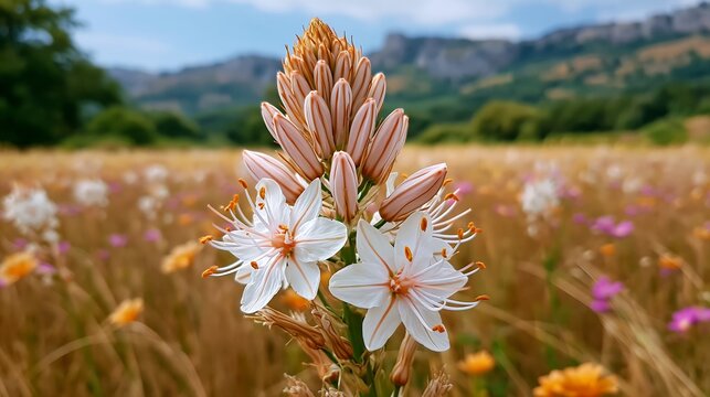White asphodel flower blooming on a mountain slope in summer