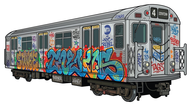 Classic new york subway train car with graffiti art illustration