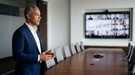 Fototapeta premium Senior businessman presenting to diverse team on video conference.
