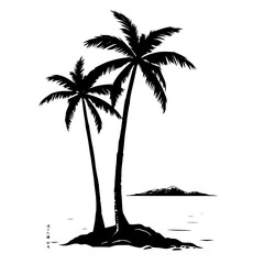 Vector illustration of two tropical palm trees on a small island with another island in the background, silhouette against a white background, tropical getaway, palm tree silhouette. © Sarfaraz