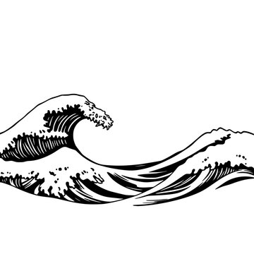 Vector illustration of a stylized sea wave border silhouette, with a repeating pattern design element, in black and white.