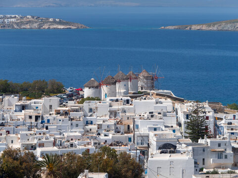 View of Chora and mills on the Aegean Sea on Mykonos island in Greece