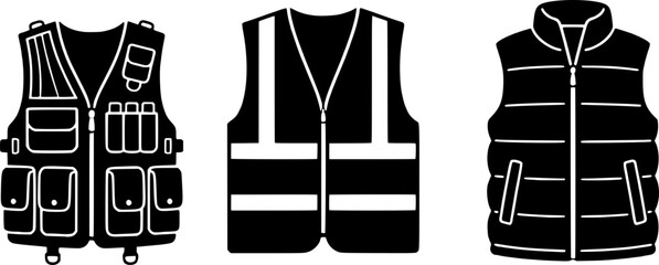 Three types of vests, including a utility vest with pockets, a reflective safety vest, and a puffer vest, all in black and white. © Sarfaraz