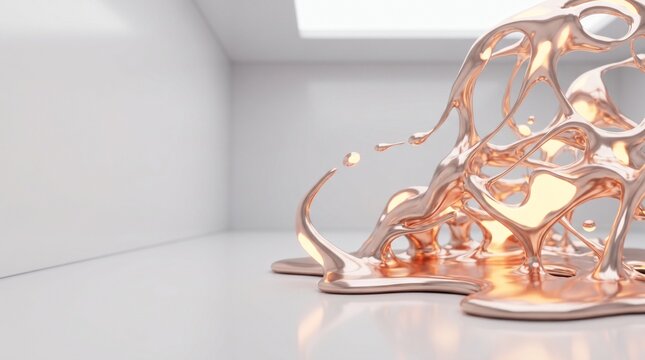 Rose gold liquid metal sculpture splashing in a minimalist white room.