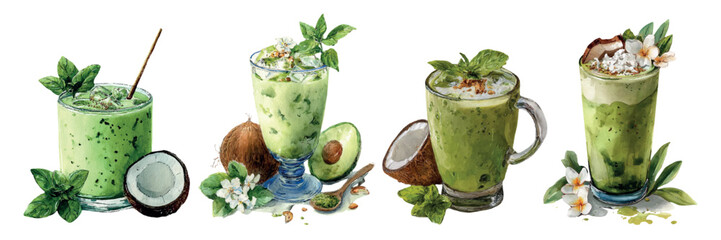 Refreshing green drinks and smoothies, featuring matcha, avocado, and mint, presented in glasses with coconut and tropical flower garnishes, illustrating healthy lifestyle and detox concepts © Mari