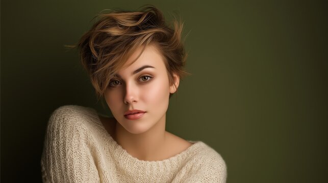 Tousled Copper Bixie Haircut with Knit Sweater